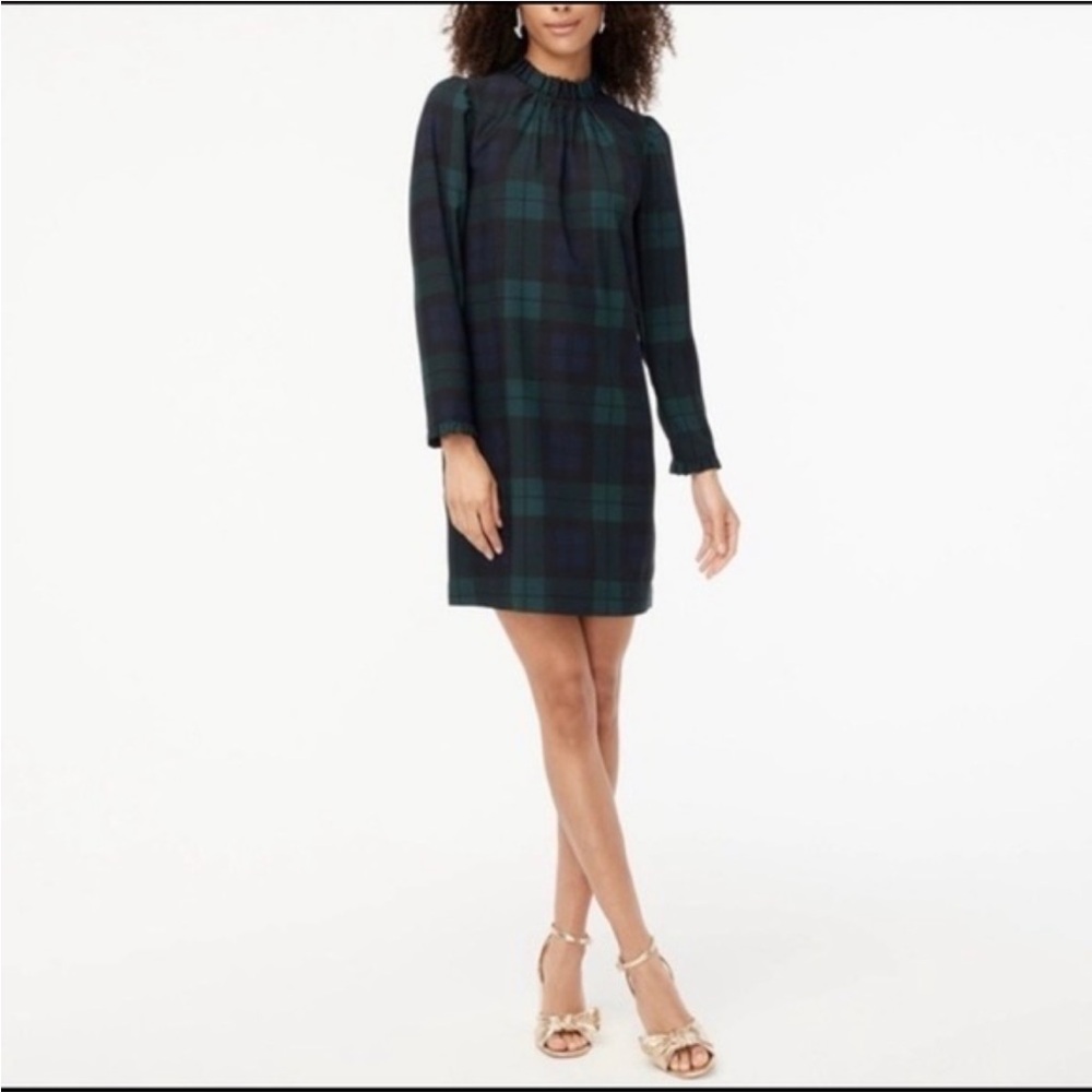 J. Crew Plaid Long Sleeves Ruffle-neck Shift Mini Dress Size 6 Tartan Office RL